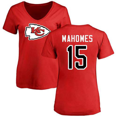 Women Football Kansas City Chiefs #15 Mahomes Patrick Red Name and Number Logo Slim Fit T-Shirt->nfl t-shirts->Sports Accessory